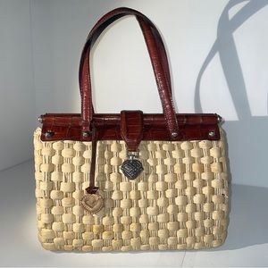BRIGHTON Brown Crock Leather Naturar Straw Satchel Top Handles Bag Handbag